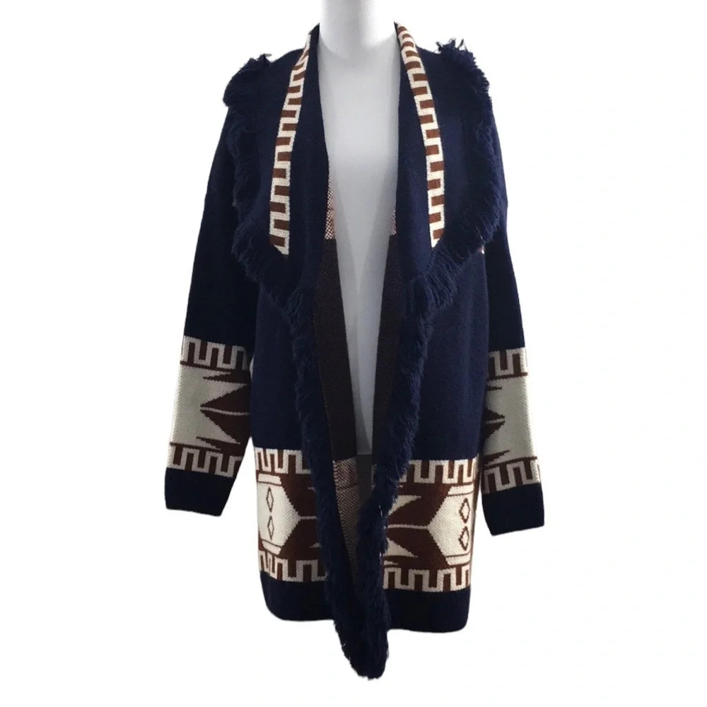 Cocogio Blue‎ Brown Knit Aztec Cardigan Sweater Womens Small Fringe Open Front